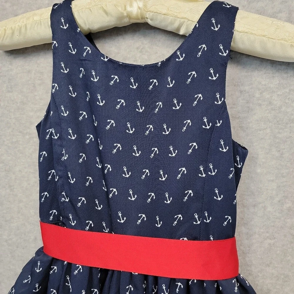 Polo Ralph Lauren Girls Anchor‎ Print Navy Twill Dress Red Ribbon Sz 5 Nautical